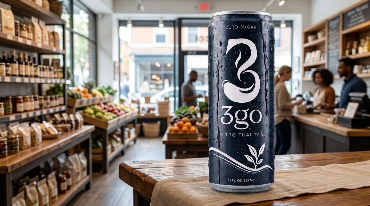 A cold can of 3GO - Nitro Thai Tea with water droplets on a wooden counter in a grocery store.