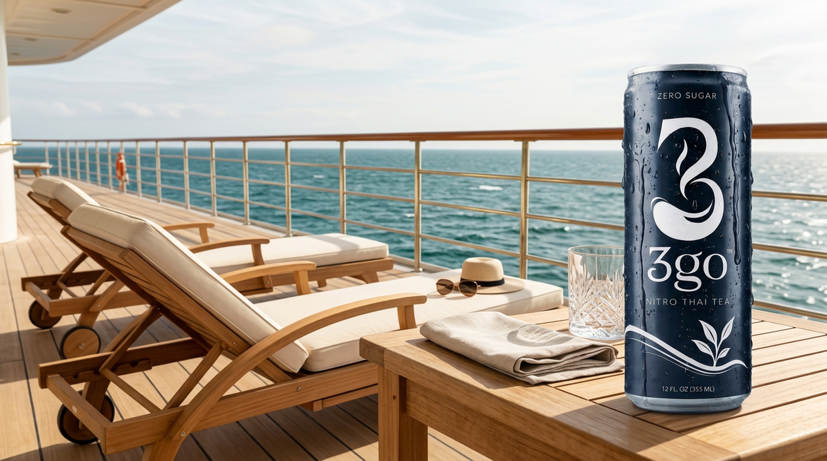 A can of 3go Nitro Thai Tea on a wooden table overlooking the ocean from a ship deck.
