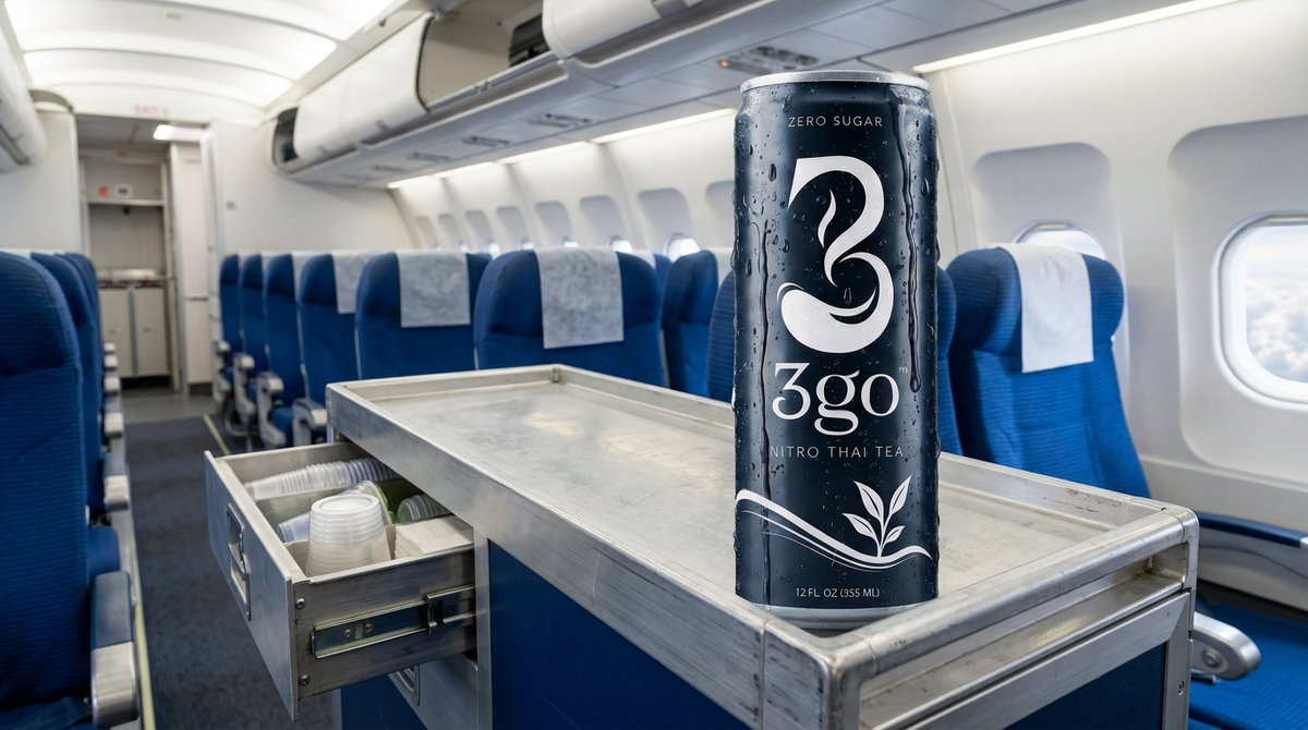 Can of 3go Nitro Thai Tea zero sugar beverage on an airplane service trolley.