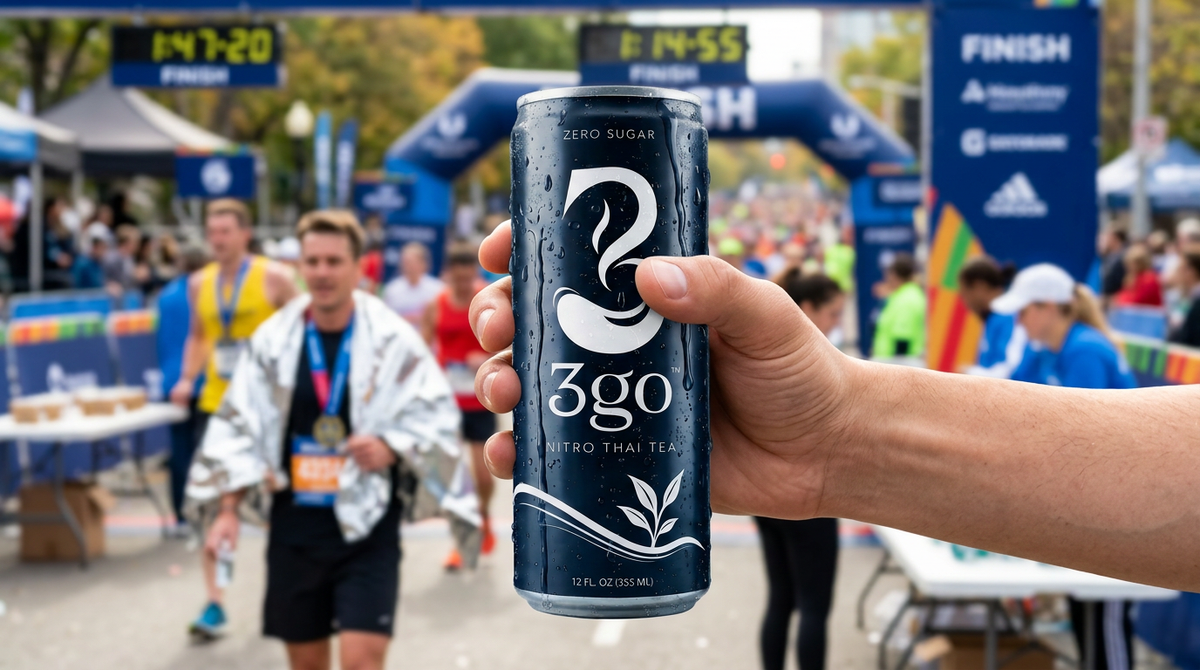 Hand holding a can of 3go Nitro Thai Tea zero sugar beverage at a marathon finish line.
