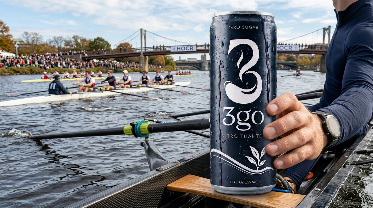 Hand holding a cold can of 3GO Nitro Thai Tea on a rowing boat during a regatta.