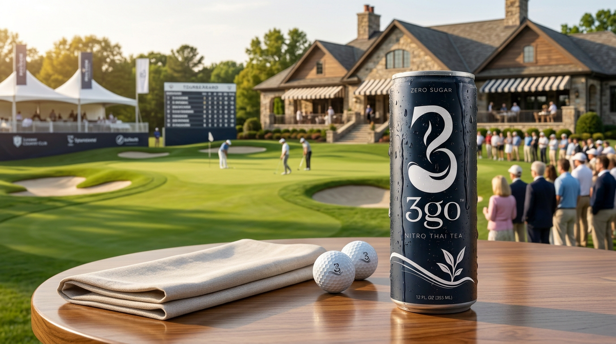 A can of 3go Nitro Thai Tea on a wooden table with golf balls at a sunny golf course.