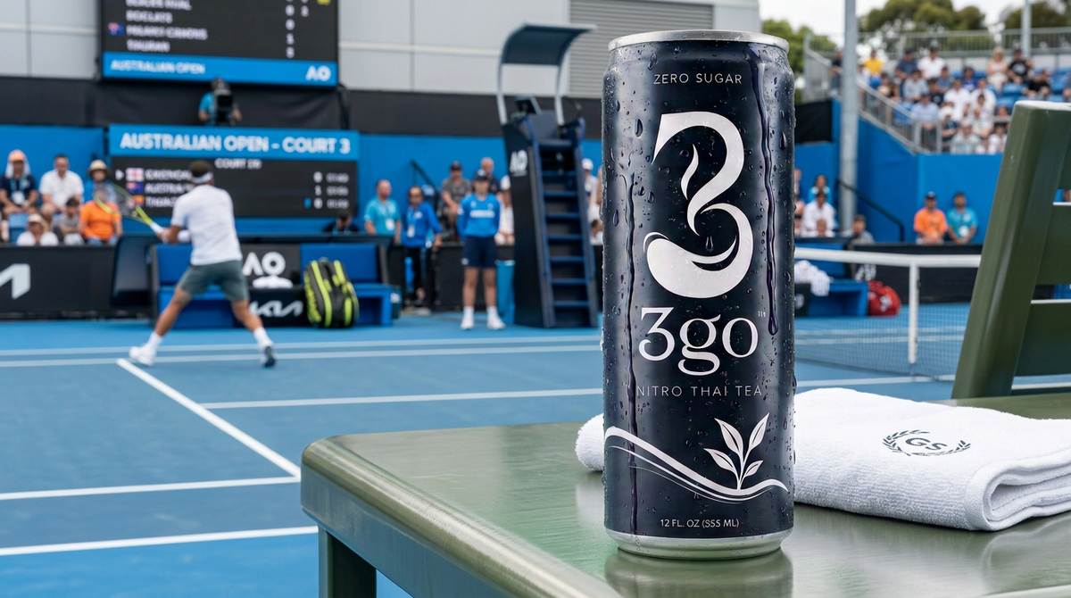 Can of 3go Nitro Thai Tea on a table at a tennis court during the Australian Open.