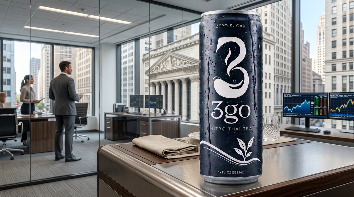 Can of 3GO Nitro Thai Tea zero sugar beverage on a wooden desk in a modern office.