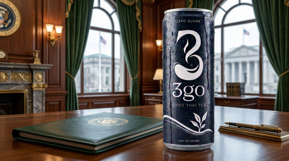 Can of 3go Nitro Thai Tea zero sugar beverage on a wooden desk in an office setting.