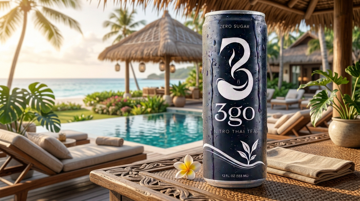 Can of zero sugar nitro Thai tea on a wooden table by a tropical resort swimming pool.