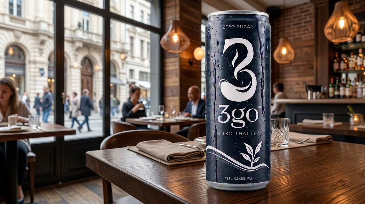 Can of 3GO Nitro Thai Tea zero sugar beverage on a wooden cafe table.