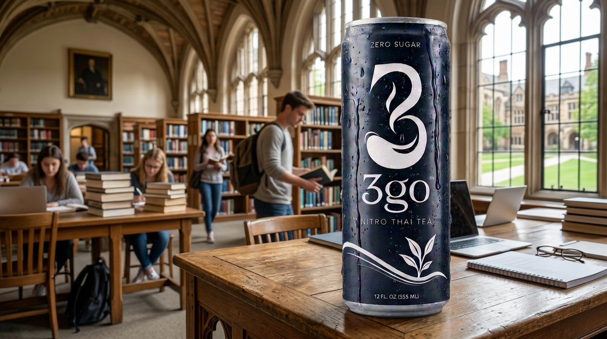 A can of 3GO Nitro Thai Tea on a wooden library table with students studying in the background.