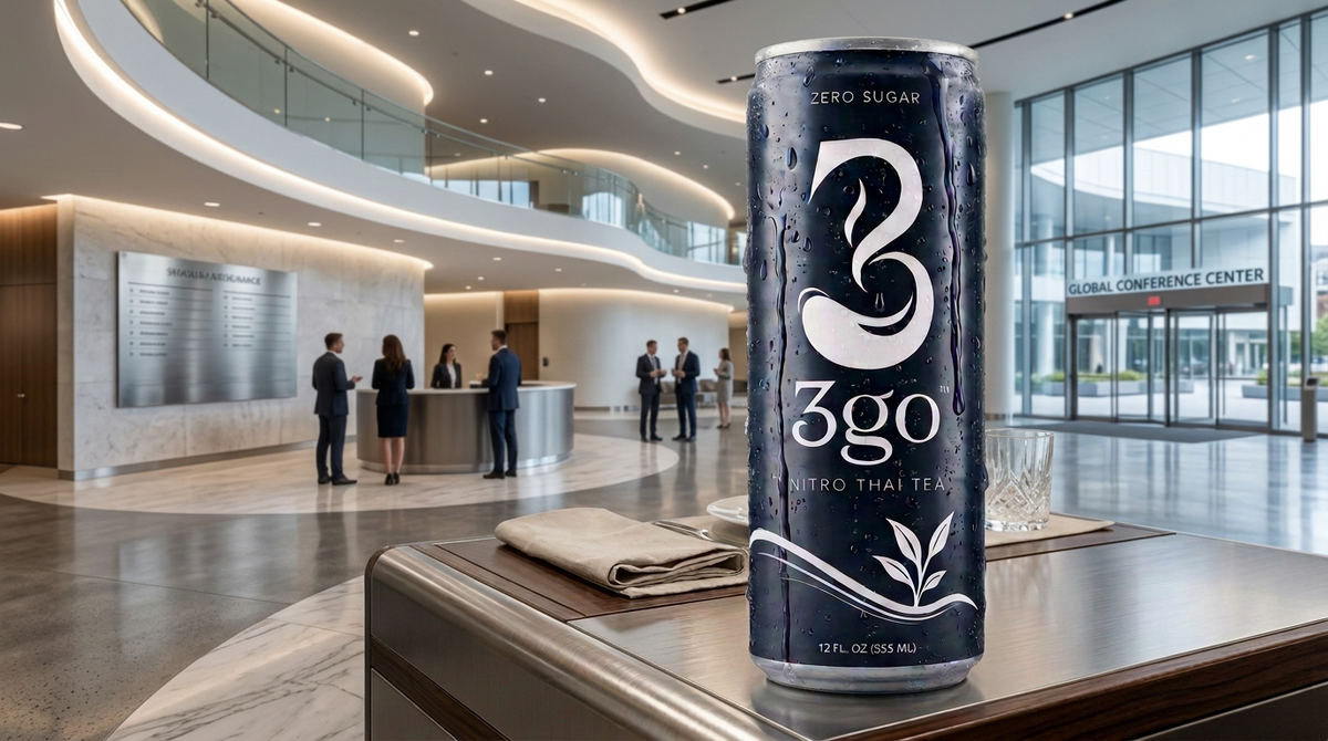 A cold can of 3GO Nitro Thai Tea on a tray in a modern, bright conference center lobby.