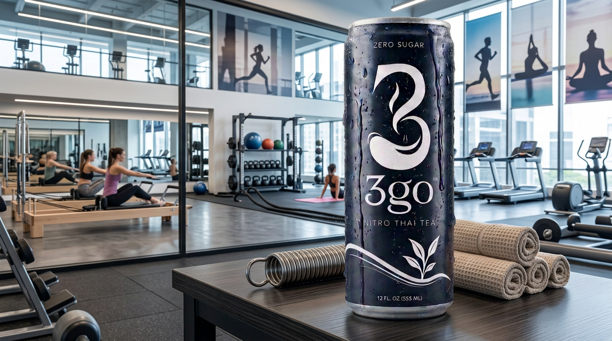 Can of zero sugar nitro Thai tea on a table in a modern bright gym setting.
