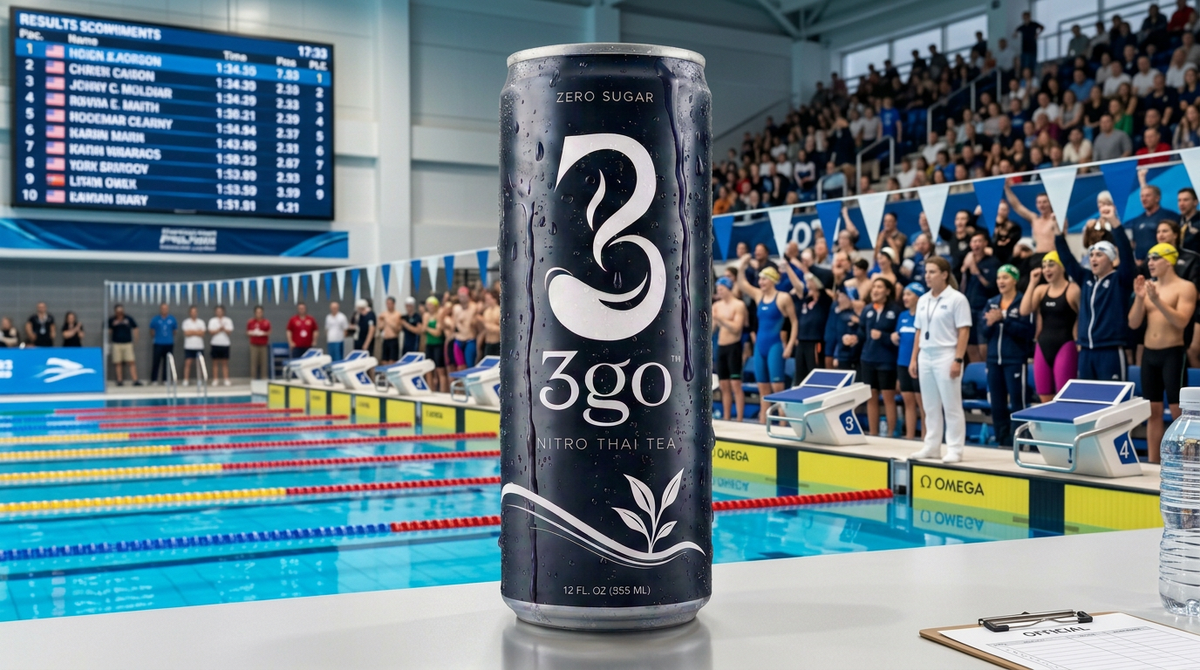 Can of 3go Nitro Thai Tea zero sugar beverage in front of a swimming pool competition.
