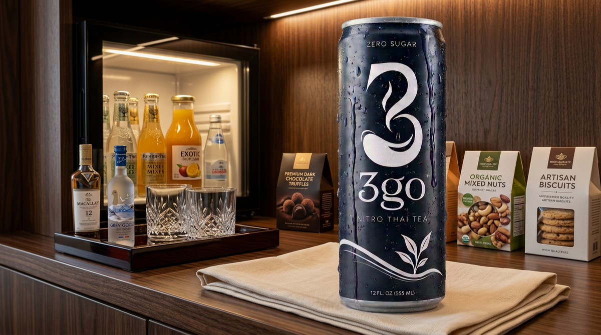 Can of 3GO Nitro Thai Tea zero sugar beverage on a wooden counter with snacks and a mini fridge.