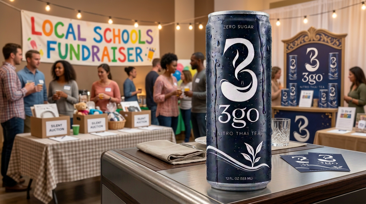 Can of 3GO Nitro Thai Tea with condensation at a local school fundraiser event.
