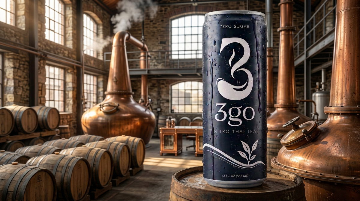 3GO Nitro Thai Tea zero sugar beverage can sitting on a wooden barrel in a distillery.