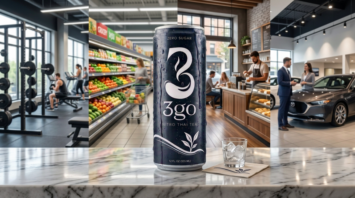 A can of 3GO Nitro Thai Tea on a marble counter with a glass of ice.